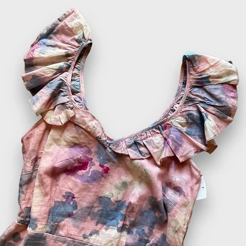 Wildfox NWOT Blair Deep V Ruffle Soft Abstract Watercolor Dress - M - Picture 7 of 12